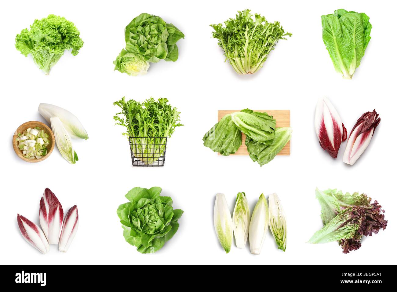 Many different types of lettuce on white background Stock Photo