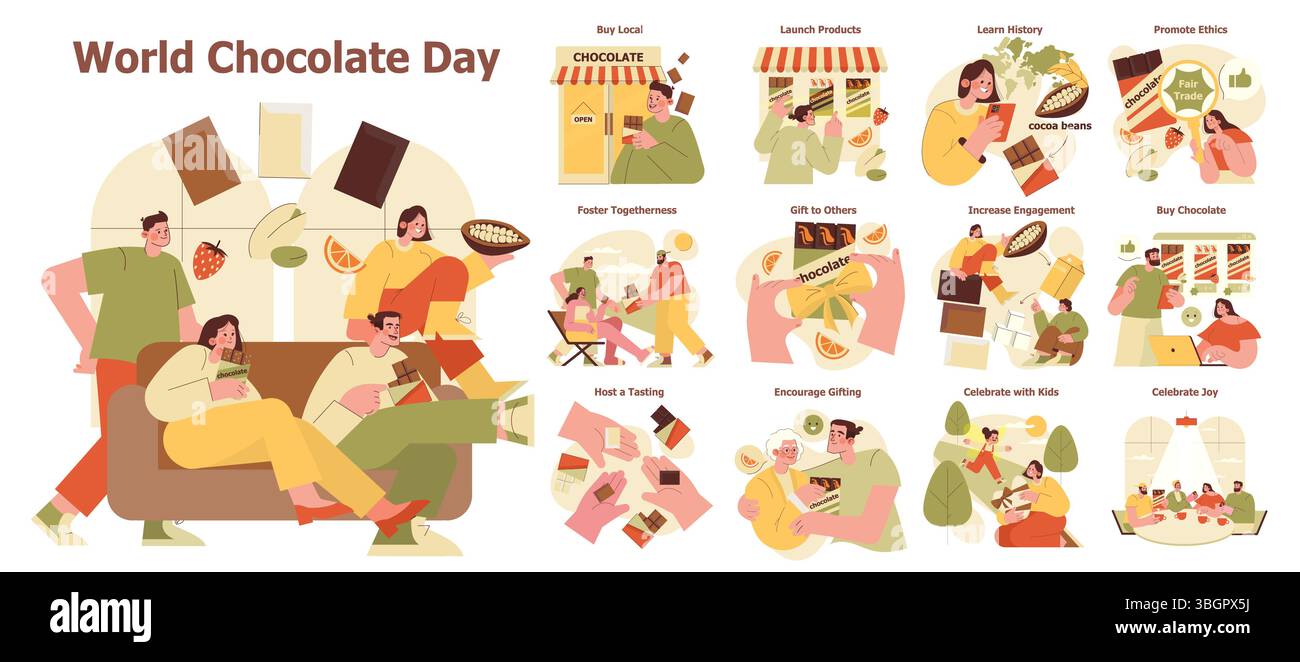 Learning Chocolate Sign In Vector illustration depicting World Chocolate Day activities. People ...
