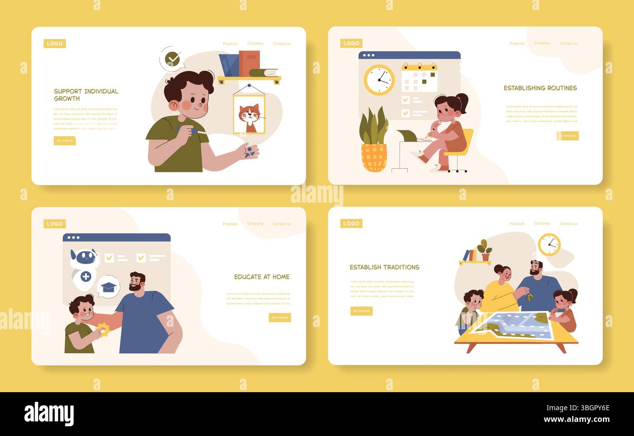 Vector illustrations depicting various home learning activities ...