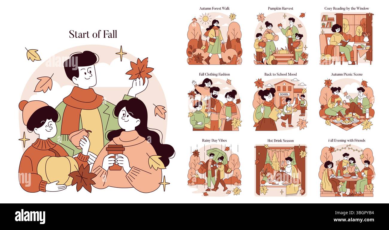 A series of vector illustrations depicting various fall activities ...