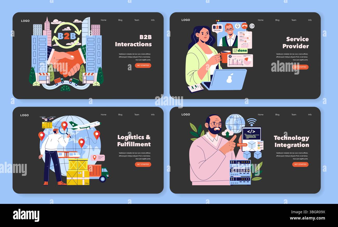 Four vector illustrations depict B2B interactions, service provision ...