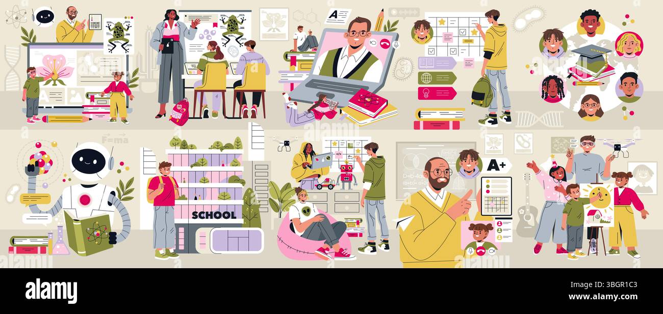 Vector illustration depicting various classroom activities involving ...