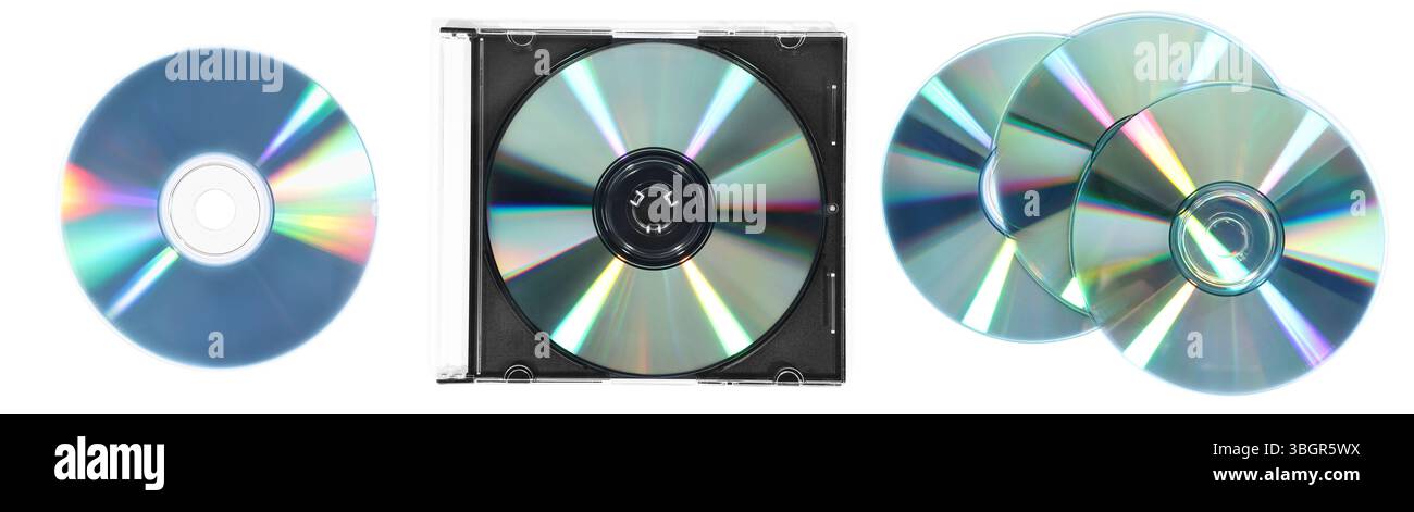 Shiny compact discs isolated on white, collage. Top view Stock Photo
