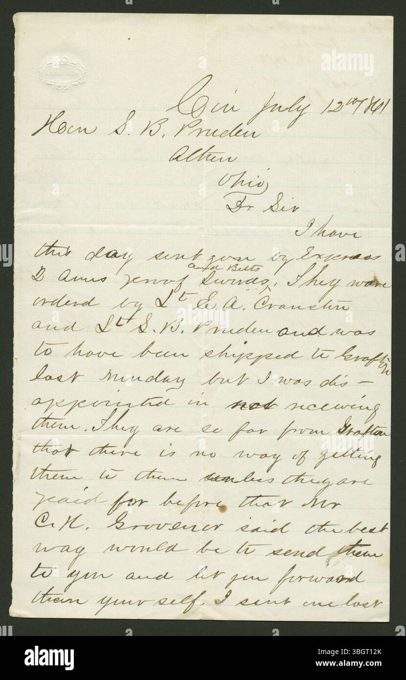 Hannibal Hamlin, Vice President of the United States during the Civil War, wrote a letter to Samuel Pruden on July 12, 1861, providing insights into the early stages of the conflict. Stock Photo