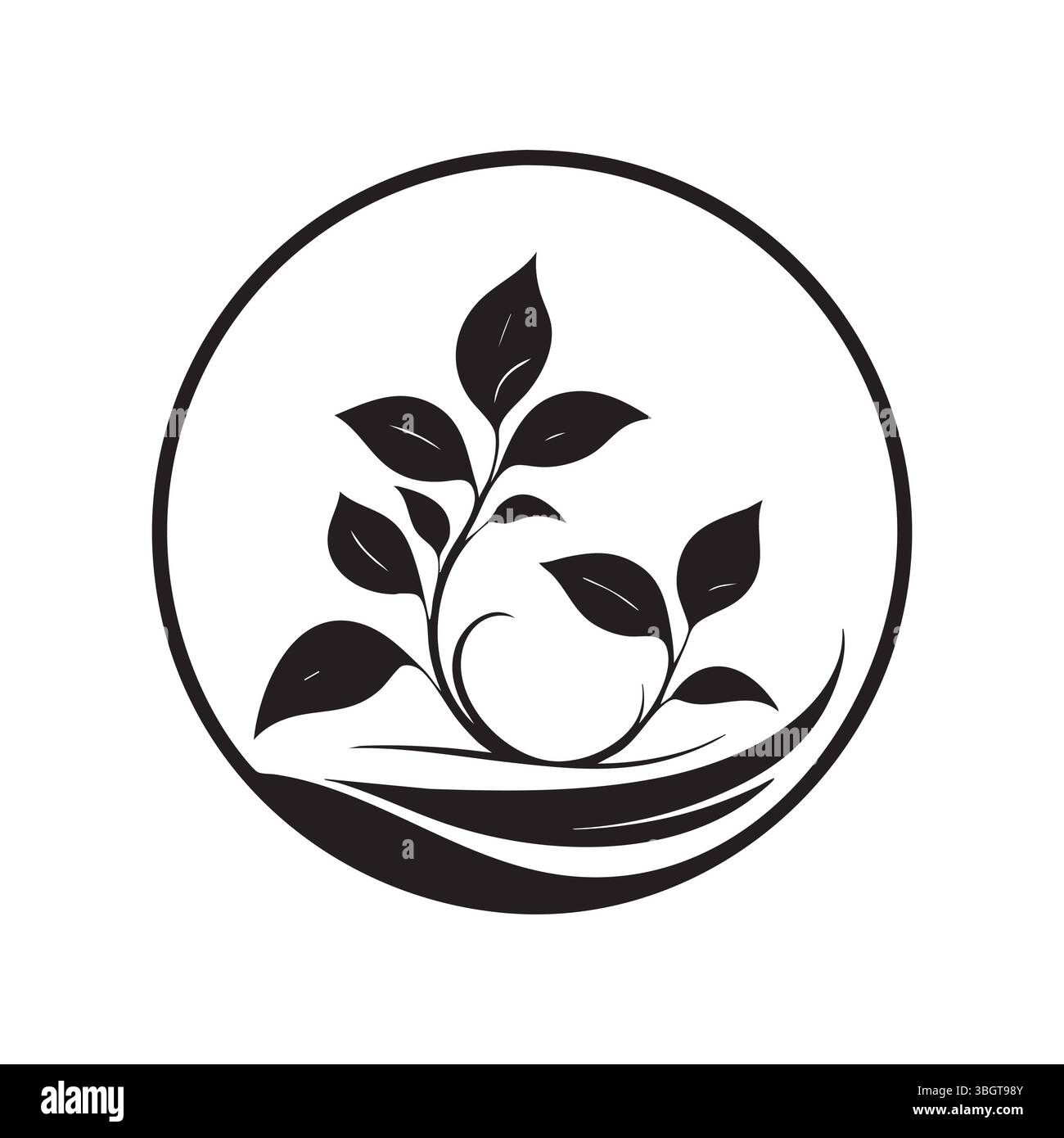 A black and white illustration of a plant with leaves and curved lines ...