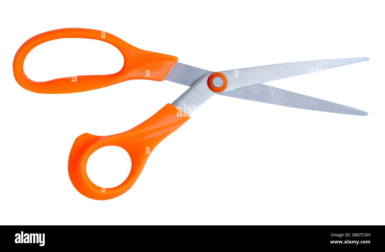 Medium open multipurpose scissors with orange handle in vertical is isolated on white background with clipping path. Stock Photo