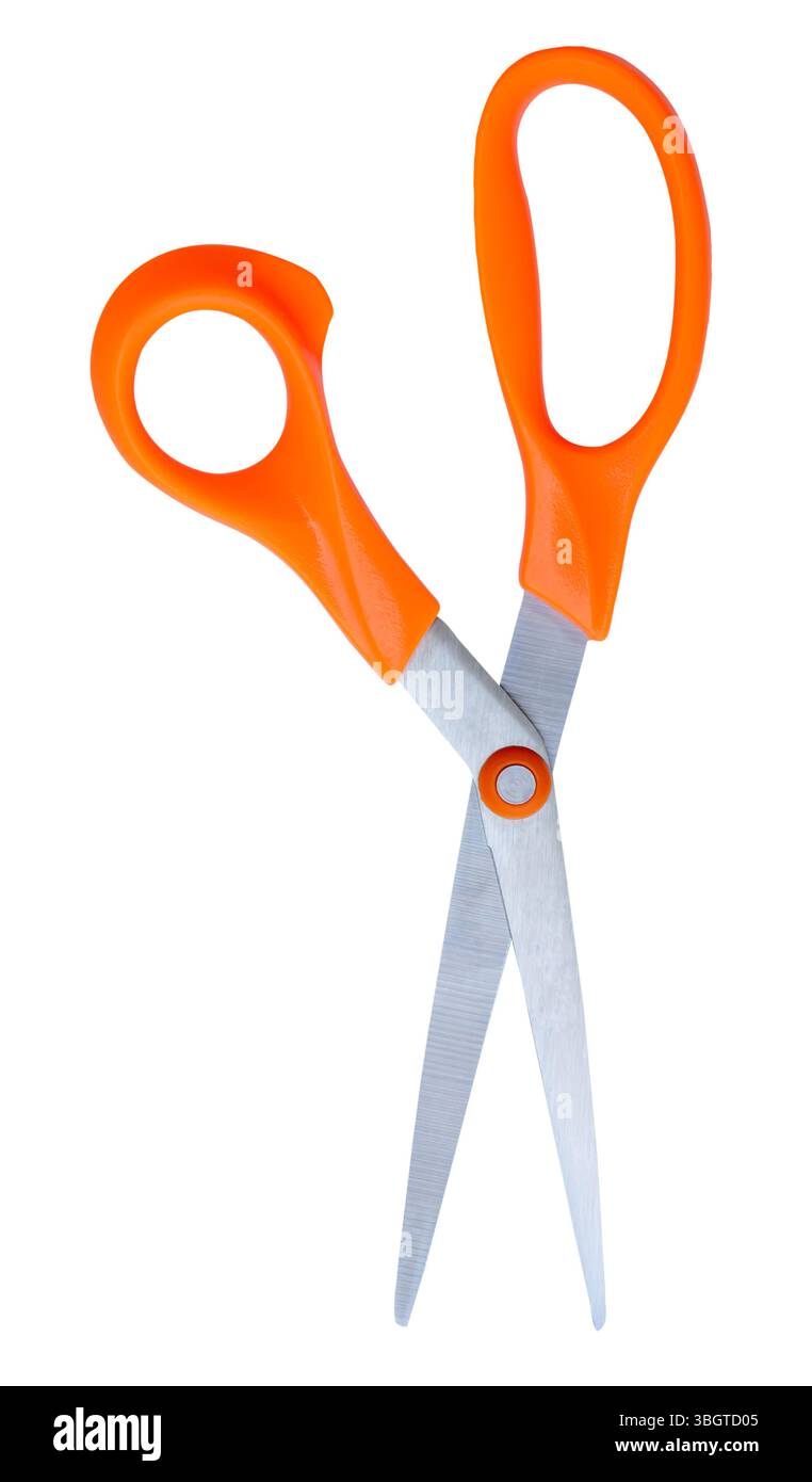 Medium open multipurpose scissors with orange handle in vertical is isolated on white background with clipping path. Stock Photo