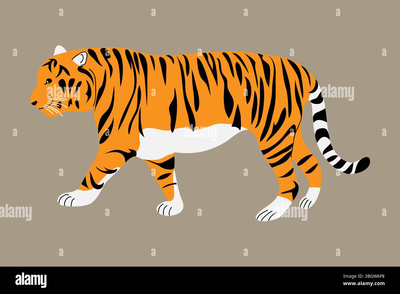 Walking Tiger, Hand Drawn Flat Vector Illustration Stock Vector Image ...