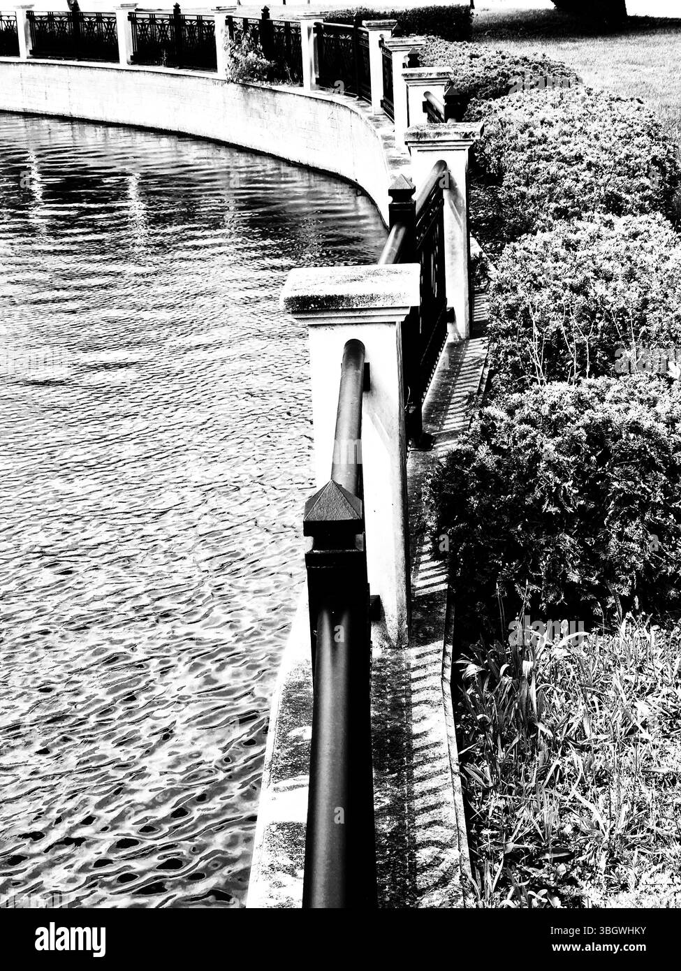 Black and white photo. pond with a beautiful high fence. Nature - Smartphone Captured Stock Image
