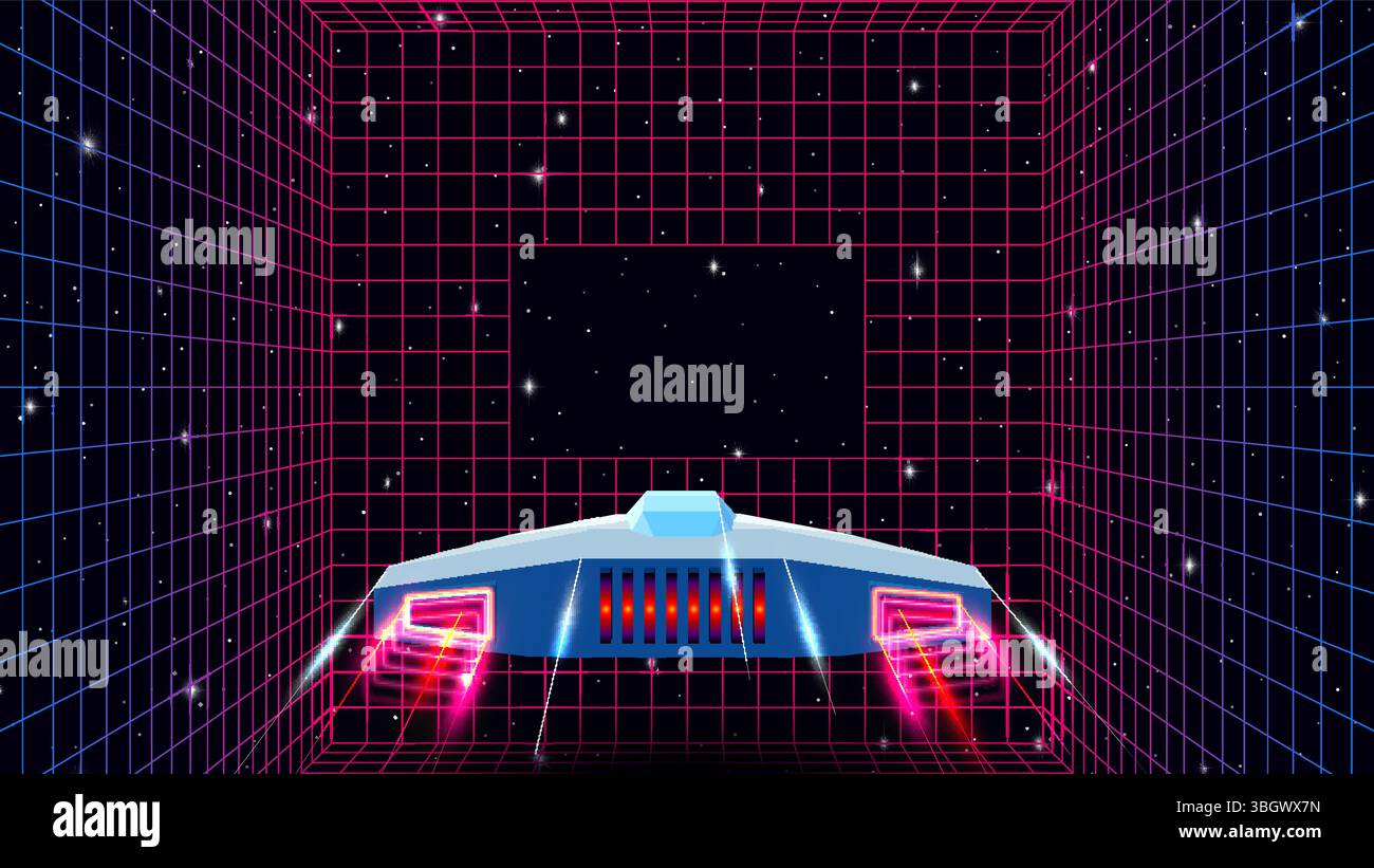 Arcade space ship flying through the triangular gate, 80s style synthwave or retrowave illustration Stock Vector