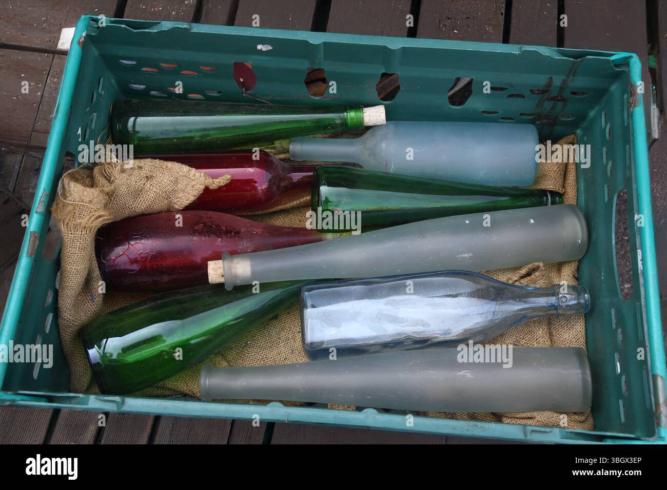 Crate of old bottles Stock Photo