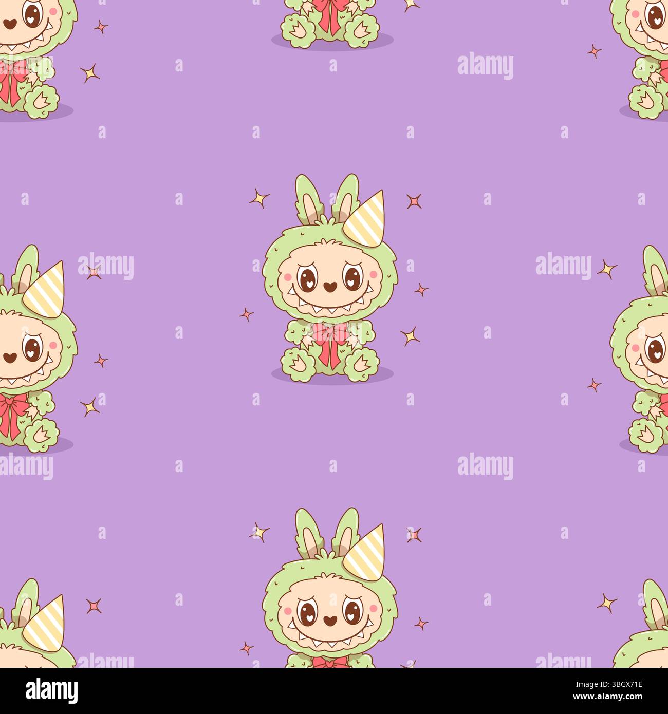 Seamless pattern with Cute Monster Toy Labubu in birthday hat on purple ...