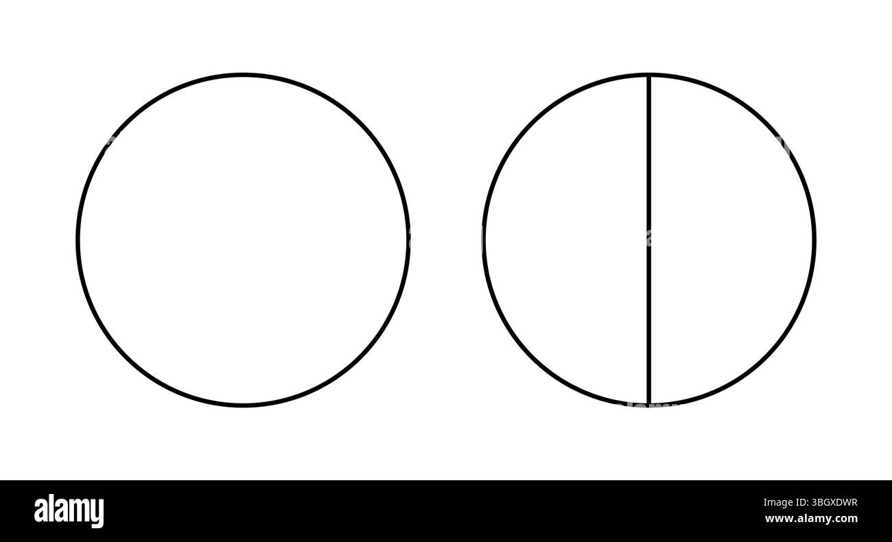 Black line chart. Pie, pizza, rounded shape, shape cut in 2 equal slices. Divided circle in two segments. Outline style.  Stock Vector