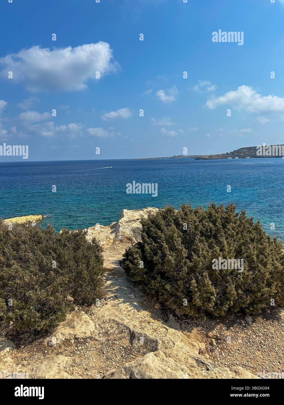 Clear blue sky and calm Mediterranean waters along a rocky coastline in Cyprus, with coastal shrubs and distant land visible on the horizon. - Smartphone Captured Stock Image