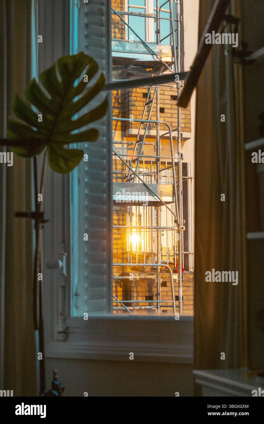 View from an interior window, featuring a Monstera plant silhouette, looking out onto a city scene with scaffolding on a nearby building, bathed in th Stock Photo
