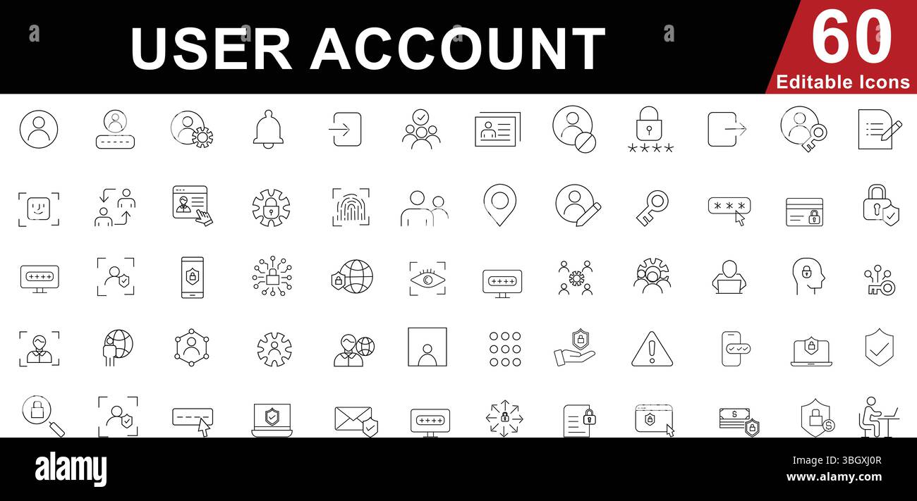 User Account Line Icons Set - Profile, Security, Login & Privacy Symbols Stock Vector