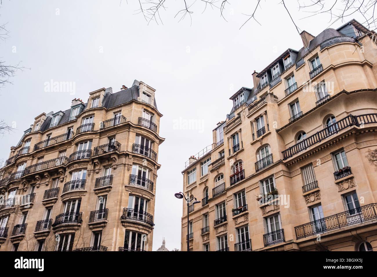 View of A view looking up at the ornate facades of two classic Parisian ...