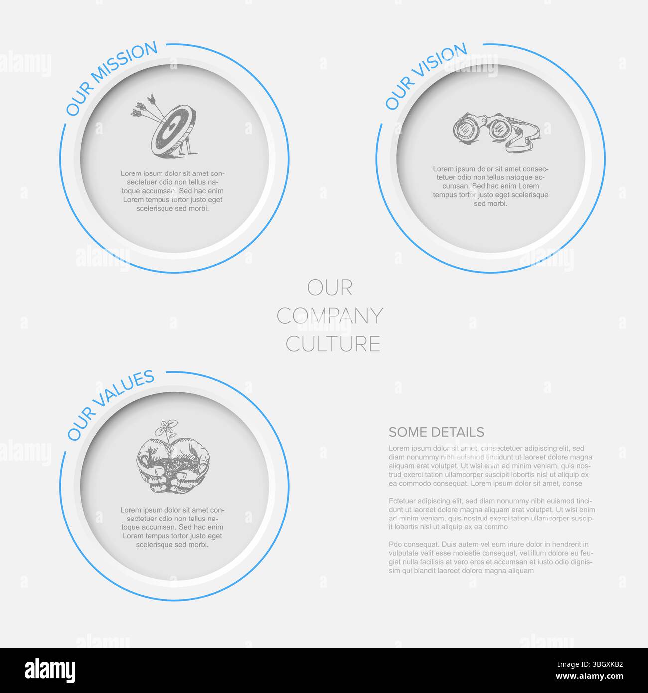 Modern minimalist infographic visualizing a strong company culture featuring mission, vision, and values. Easily explain your company culture and prin Stock Vector