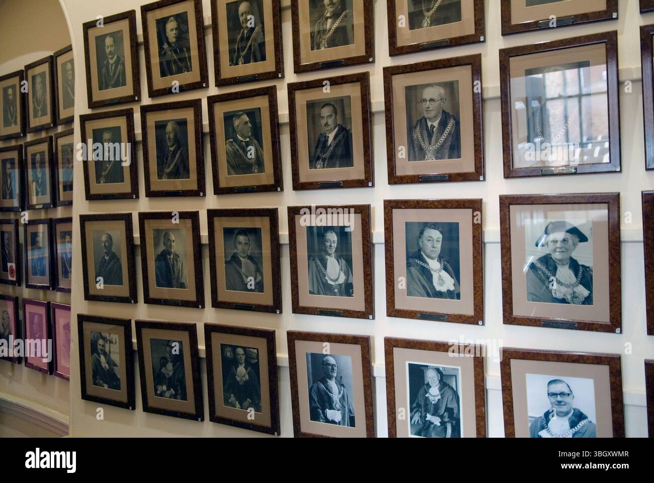 Mayors Parlour in the town hall Newark-on-Trent. Black and White photographs, portraits of various mayors of the town displayed on a wall in the Mayors parlour. Newark-on-Trent,  Nottinghamshire, England 7th March 2015 UK 2010s HOMER SYKES Stock Photo