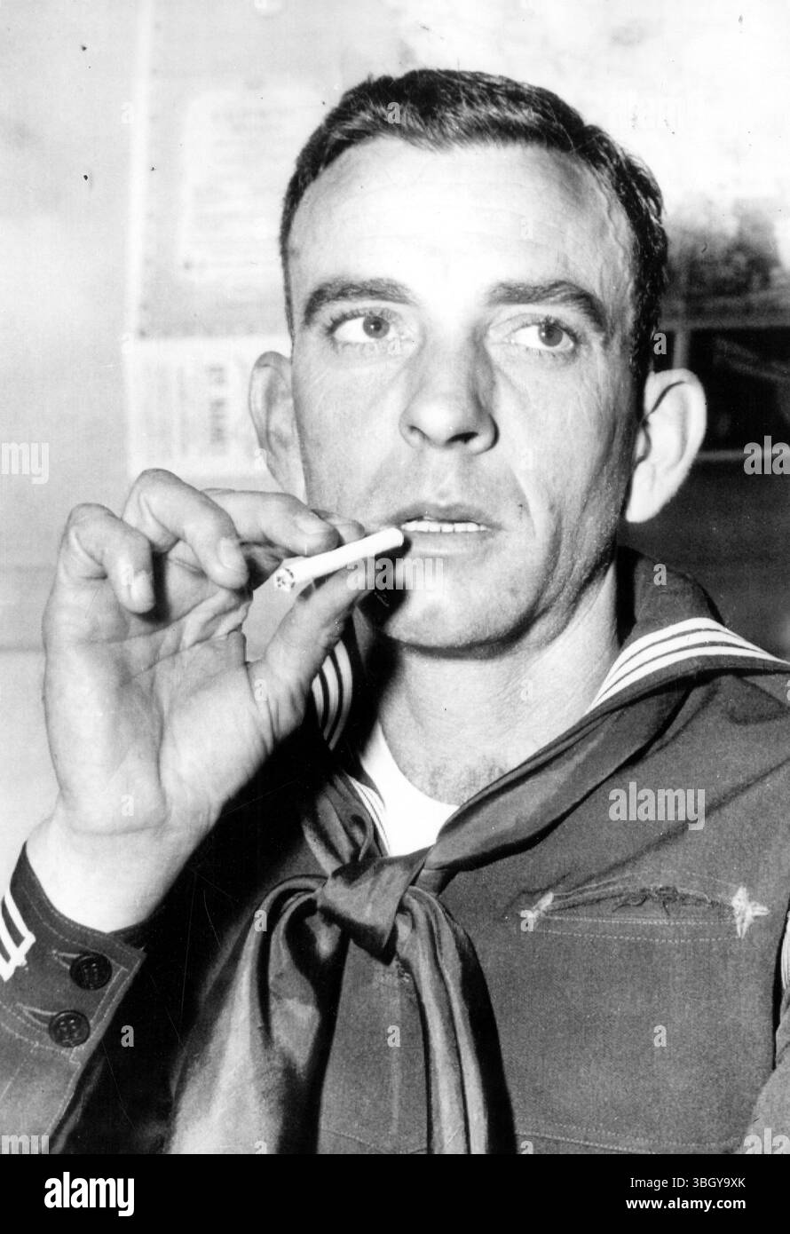AWOL 13 years. Calton Vance (Jiggs) Mings, 37, awaits court-martial in Brigg here, 28 November after being AWOL for 13 years. The seamen, who missed his outbound ship at Vallejo, California, just before VE Day, 1945, had been leading the 'double life'of a devoted husband and a fugitive under an assumed name in Portersville.  28 November 1958 Stock Photo
