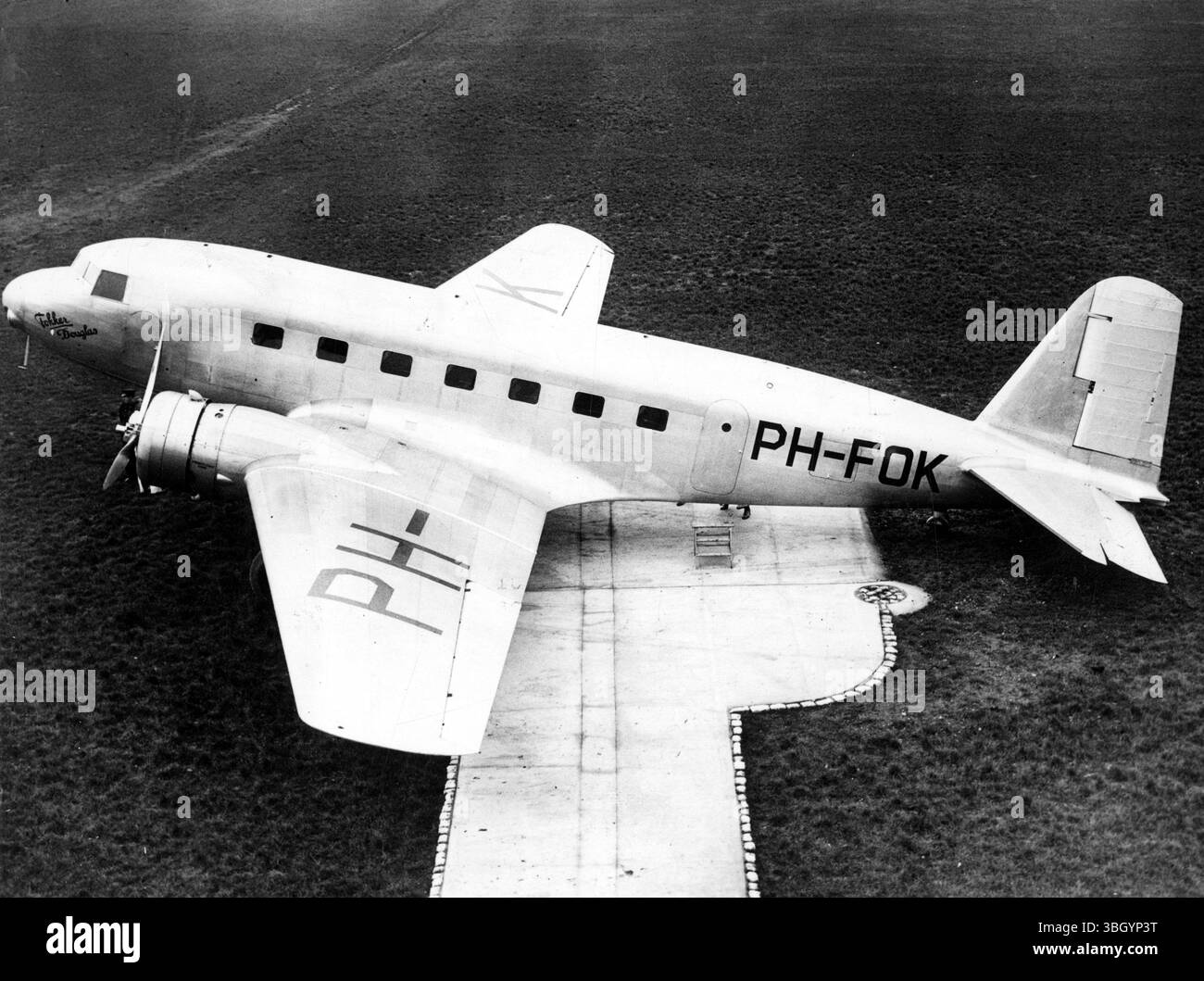 The first of the new Fokker Douglas airliners for service from London to Paris arrived at Gravesend Essex Photo shows side view of the plane on the ground Stock Photo