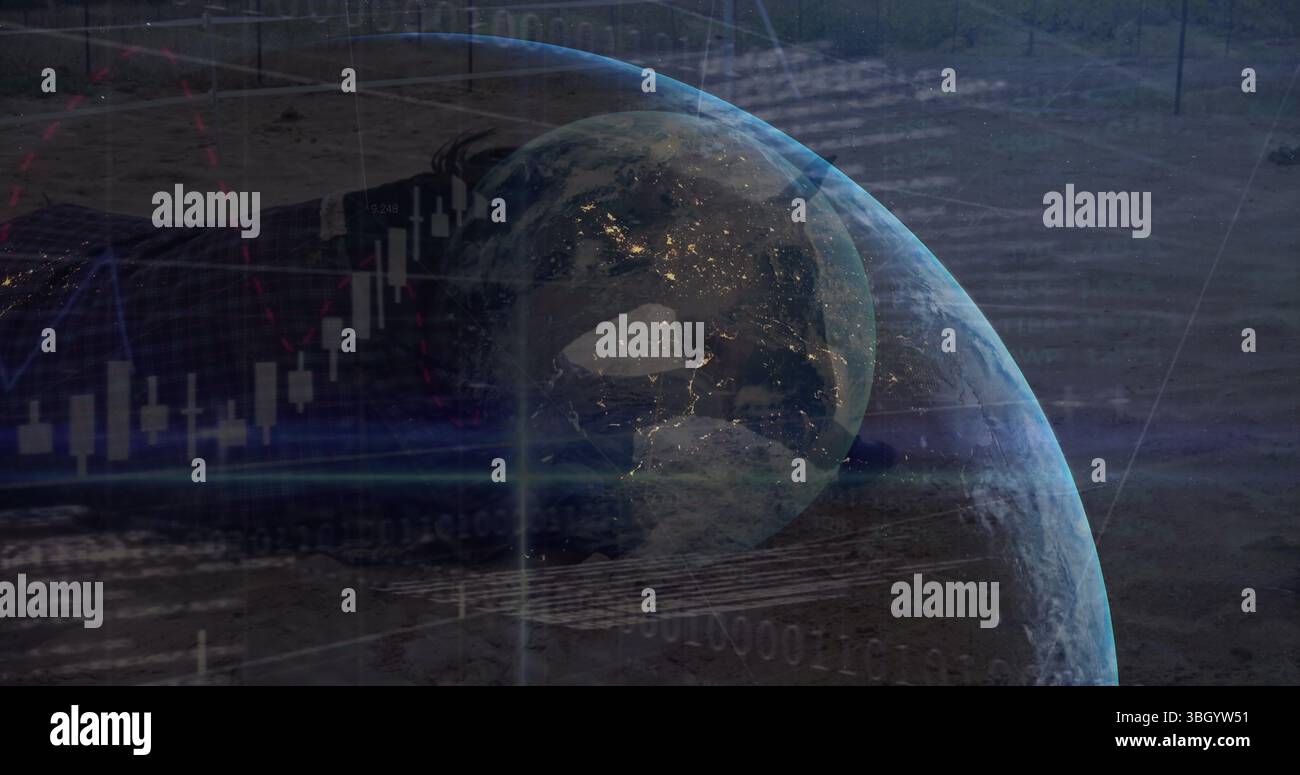 Displaying translucent Earth globe hovering in space, with candlestick charts and binary code Stock Photo