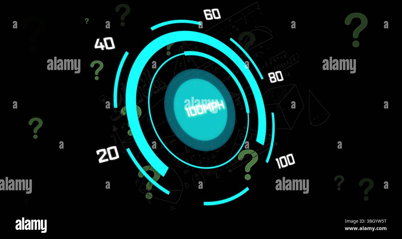 Image of question marks over scope scanning with data processing on black background Stock Photo