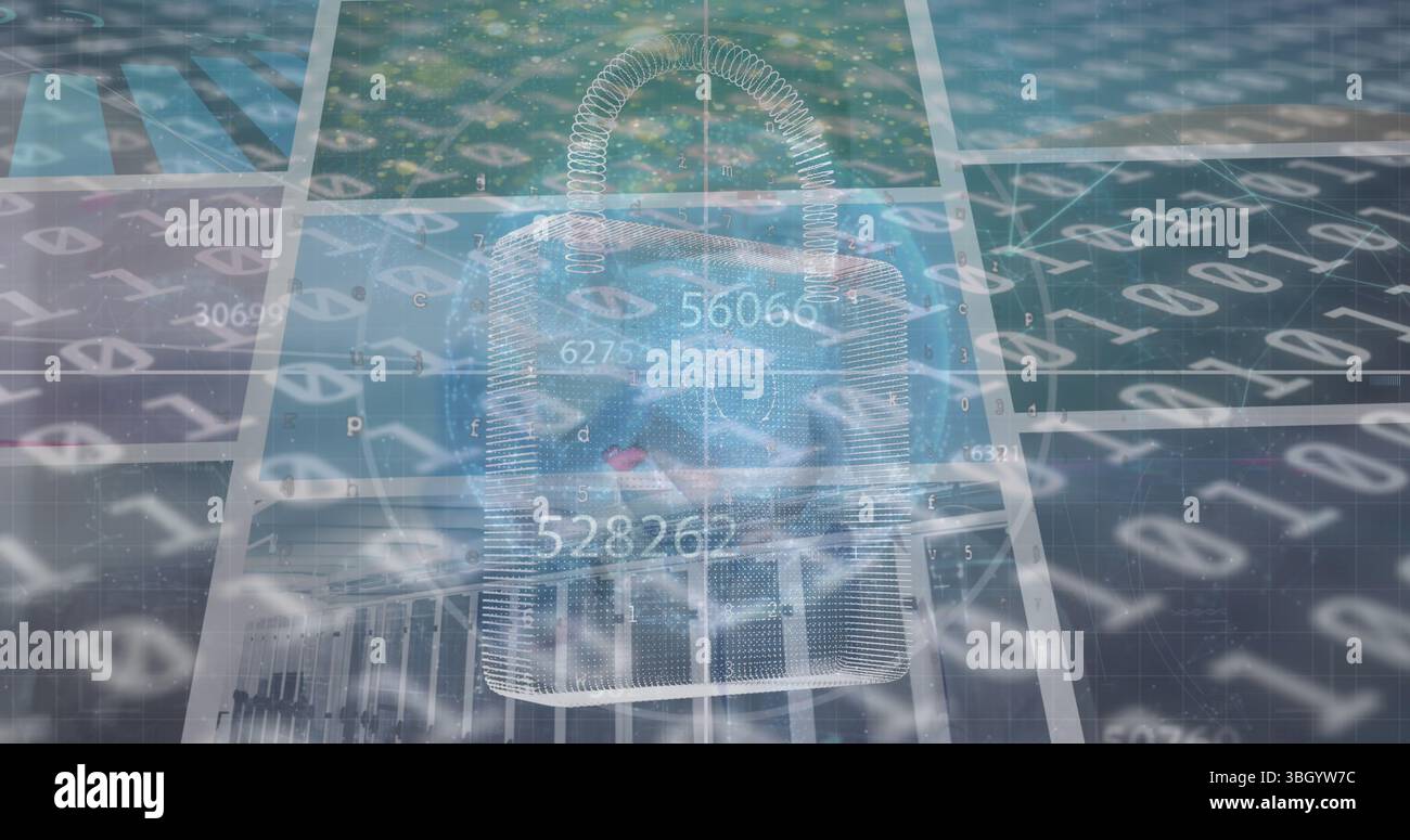 Image of numbers, screens, globe and binary code Stock Photo