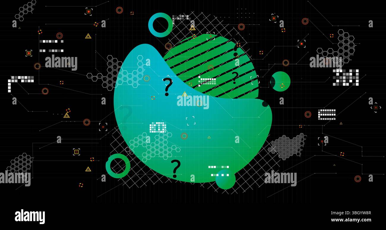 Image of shapes with question marks over data processing on black background Stock Photo
