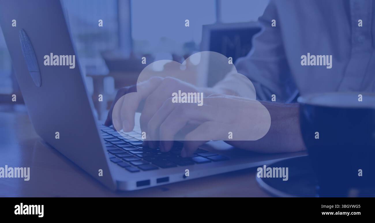 Image of clouds with shapes over hands using laptop Stock Photo