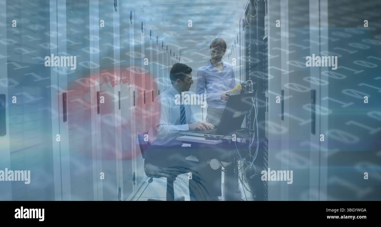Image of binary code and eye scanning over caucasian men checking servers Stock Photo