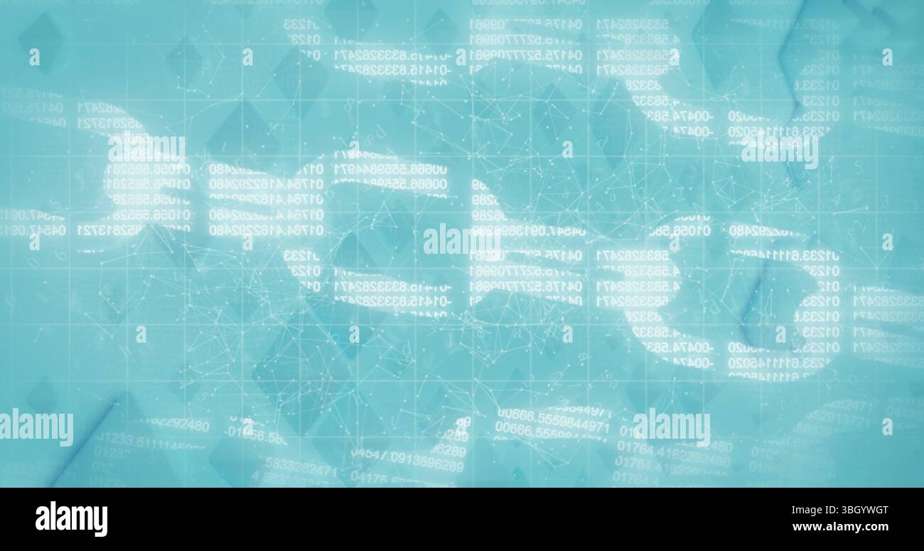 Image of digital block chains and binary coding processing on green background Stock Photo