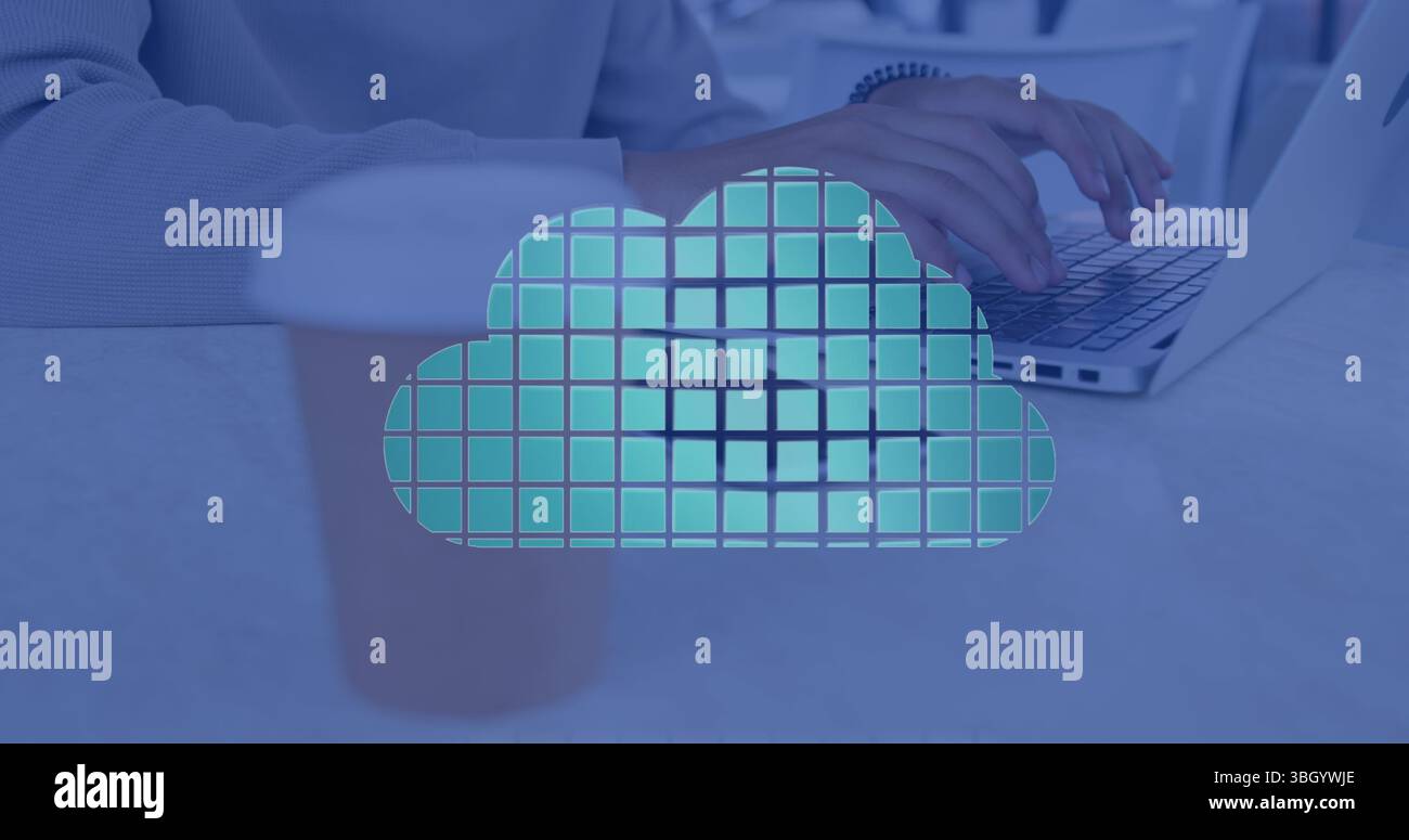 Image of clouds with shapes over hands using laptop Stock Photo