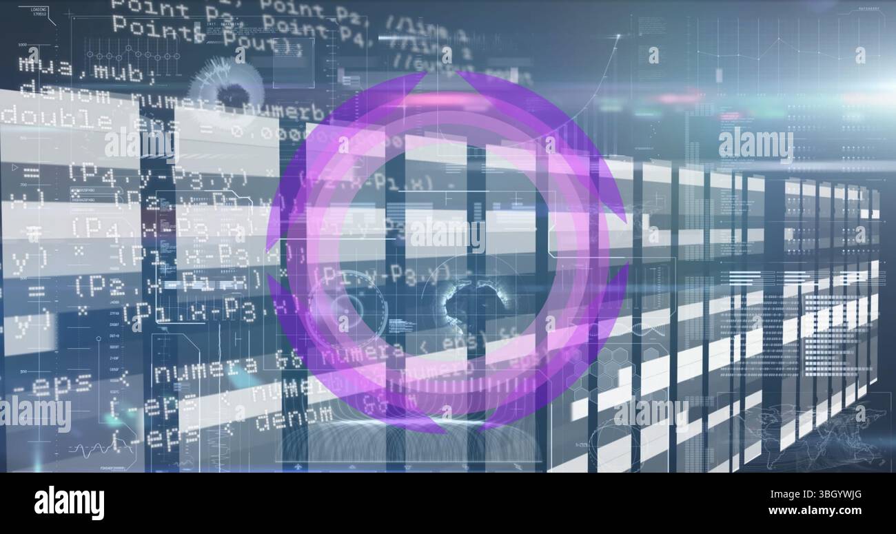 Image of purple circle moving against digital interface with programming codes and graphs Stock Photo