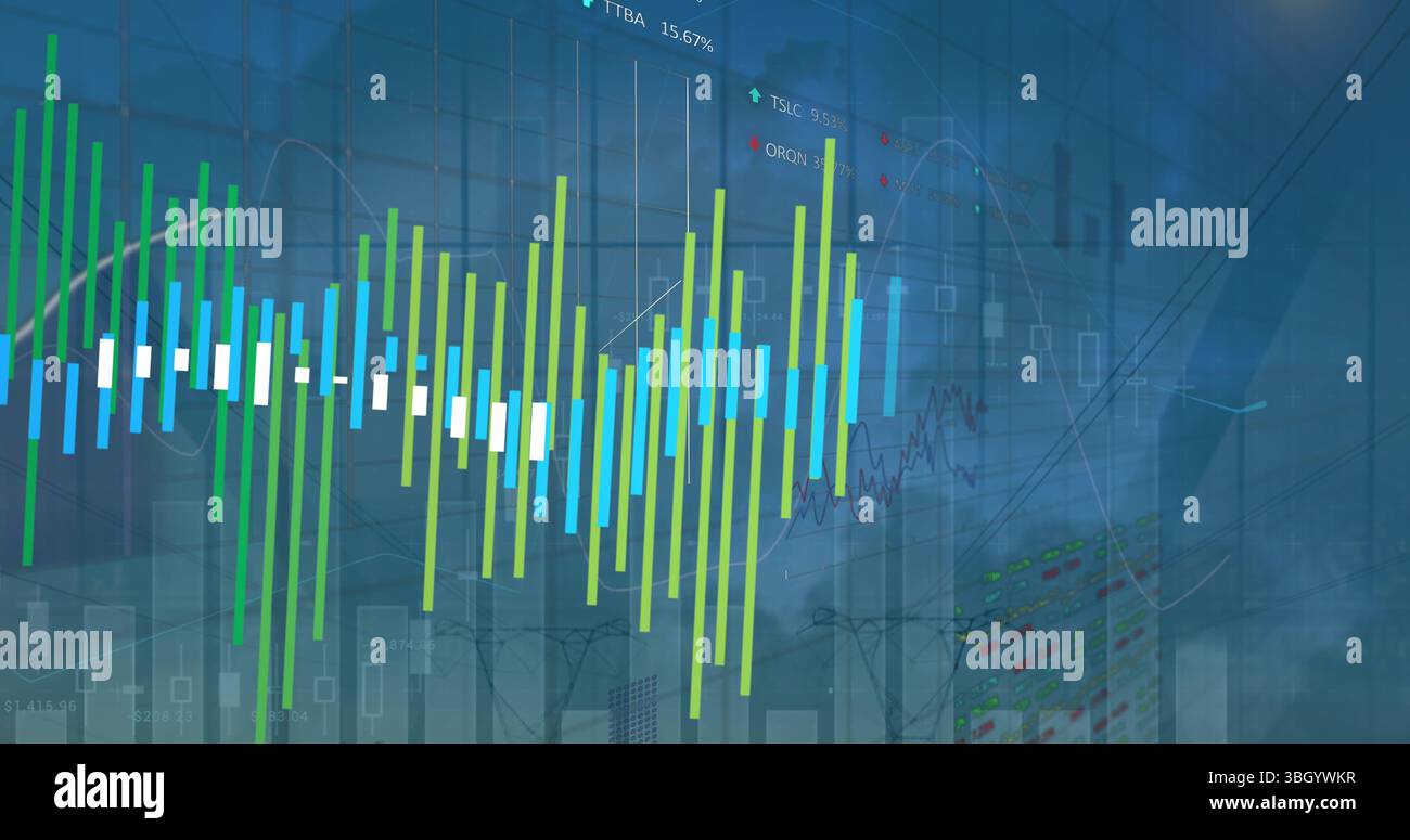 Image of graphs and data over landscape Stock Photo