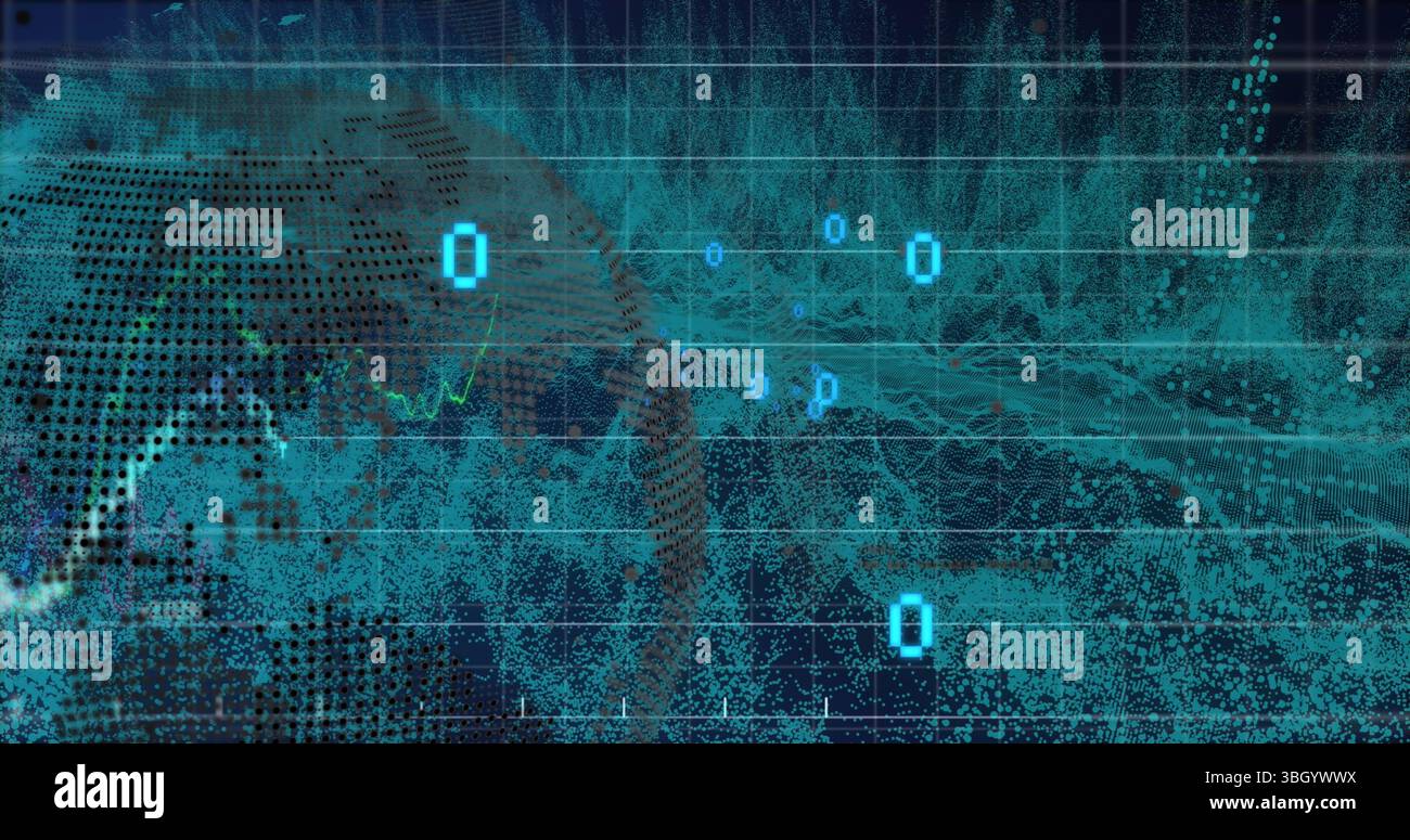 Displaying digital globe on left in data dashboard with grid lines and numeric symbols, copy space Stock Photo
