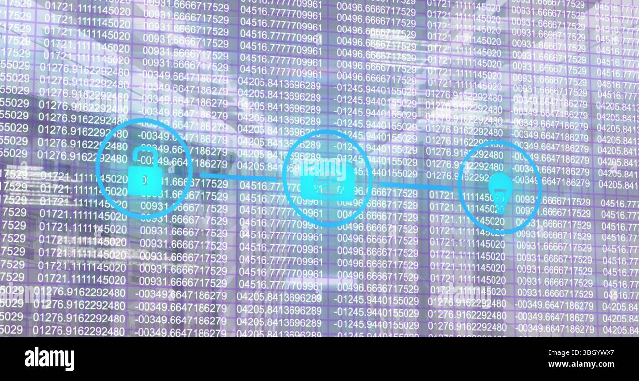 Displaying blue padlock share user icons floating over purple gradient, with numeric code Stock Photo