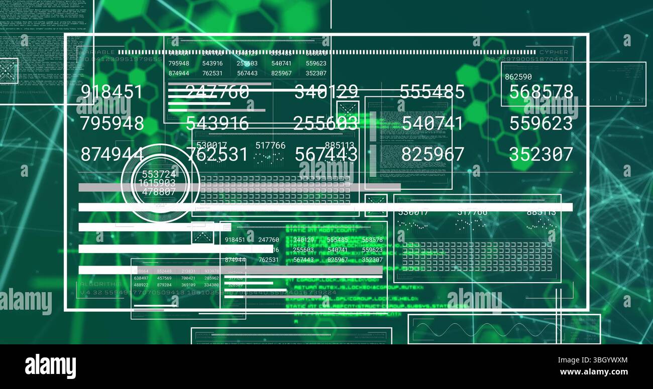Digital image of interface with changing numbers and graphs over computer language Stock Photo