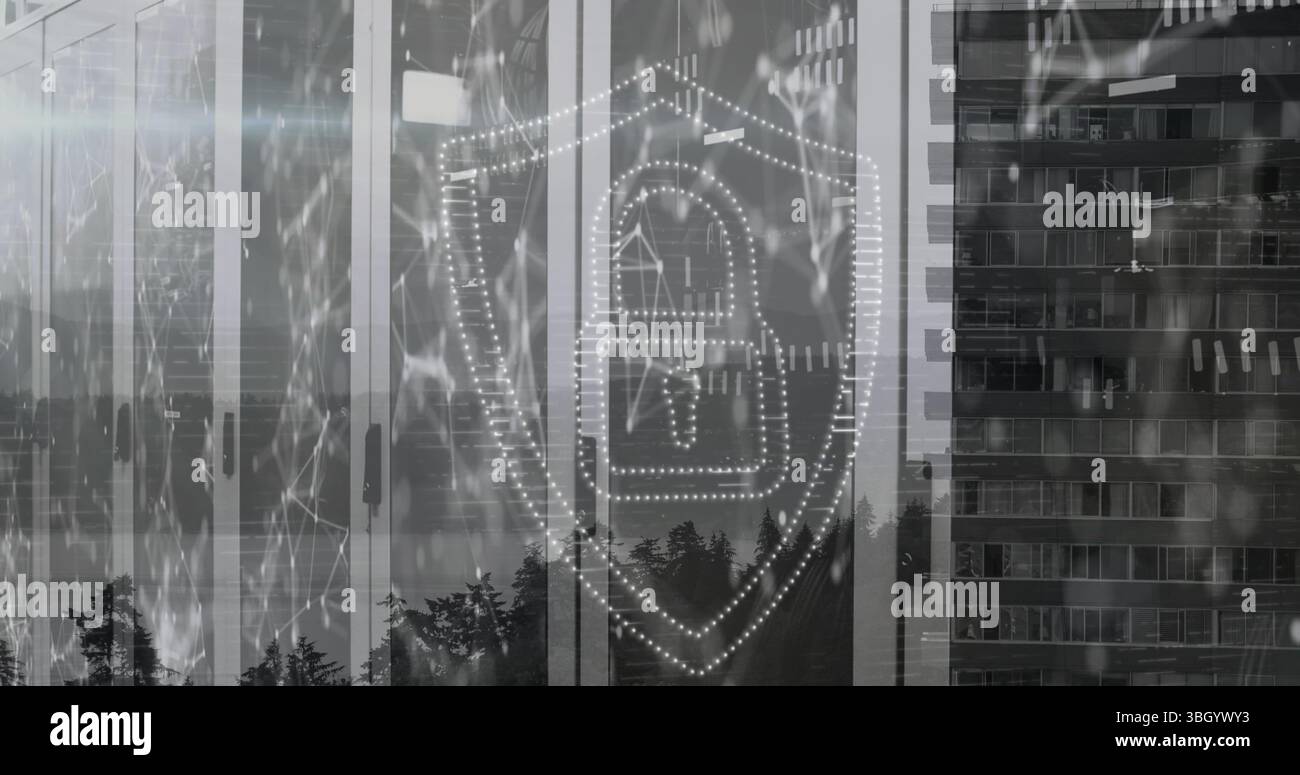 Displaying dotted shield outline enclosing padlock icon on office glass ...