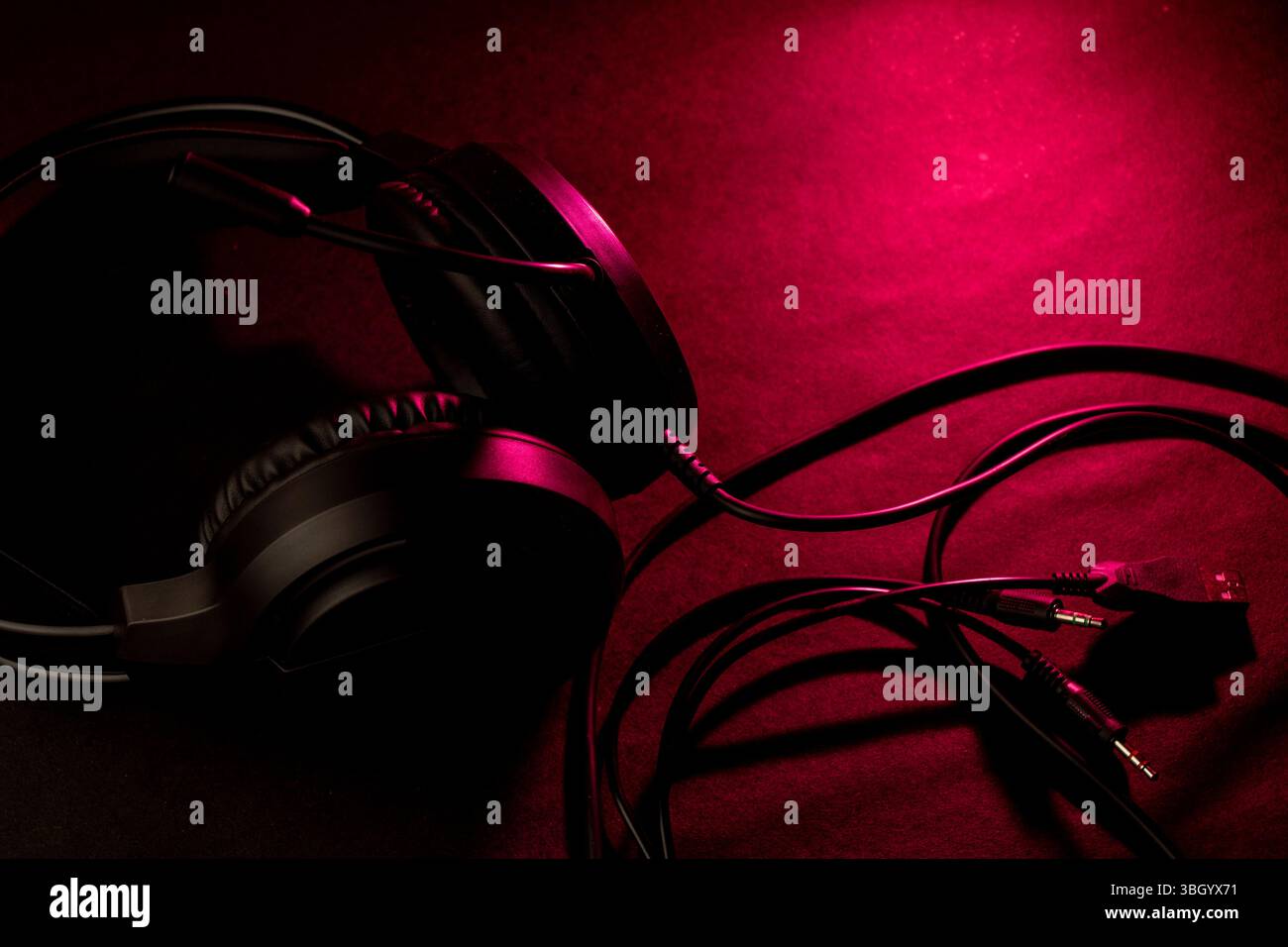 Black headphones on a dark background Stock Photo