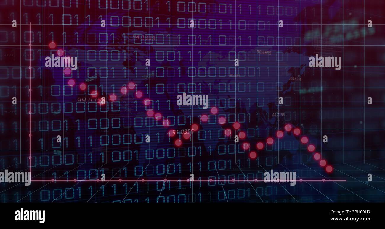 Image of graphs and binary code over violet background Stock Photo
