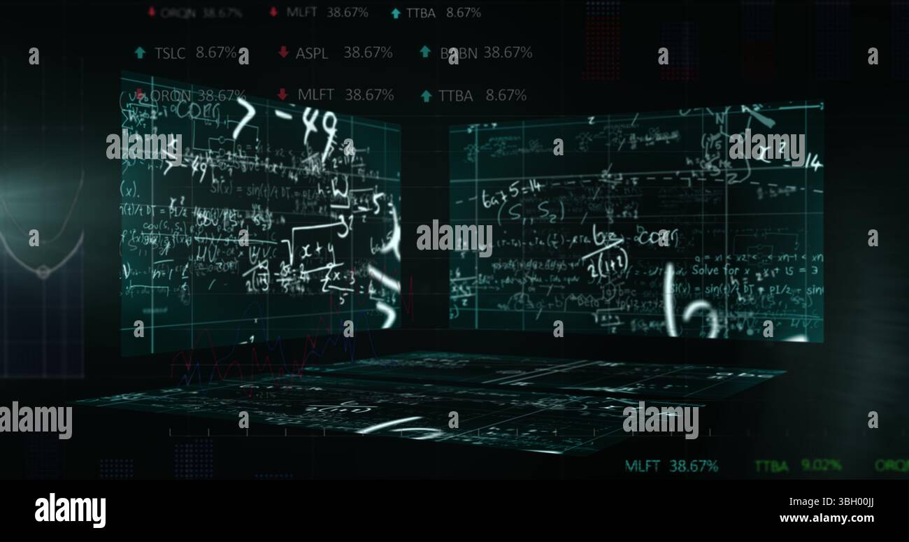 Image of math formulas and data on digital screens in black space Stock ...