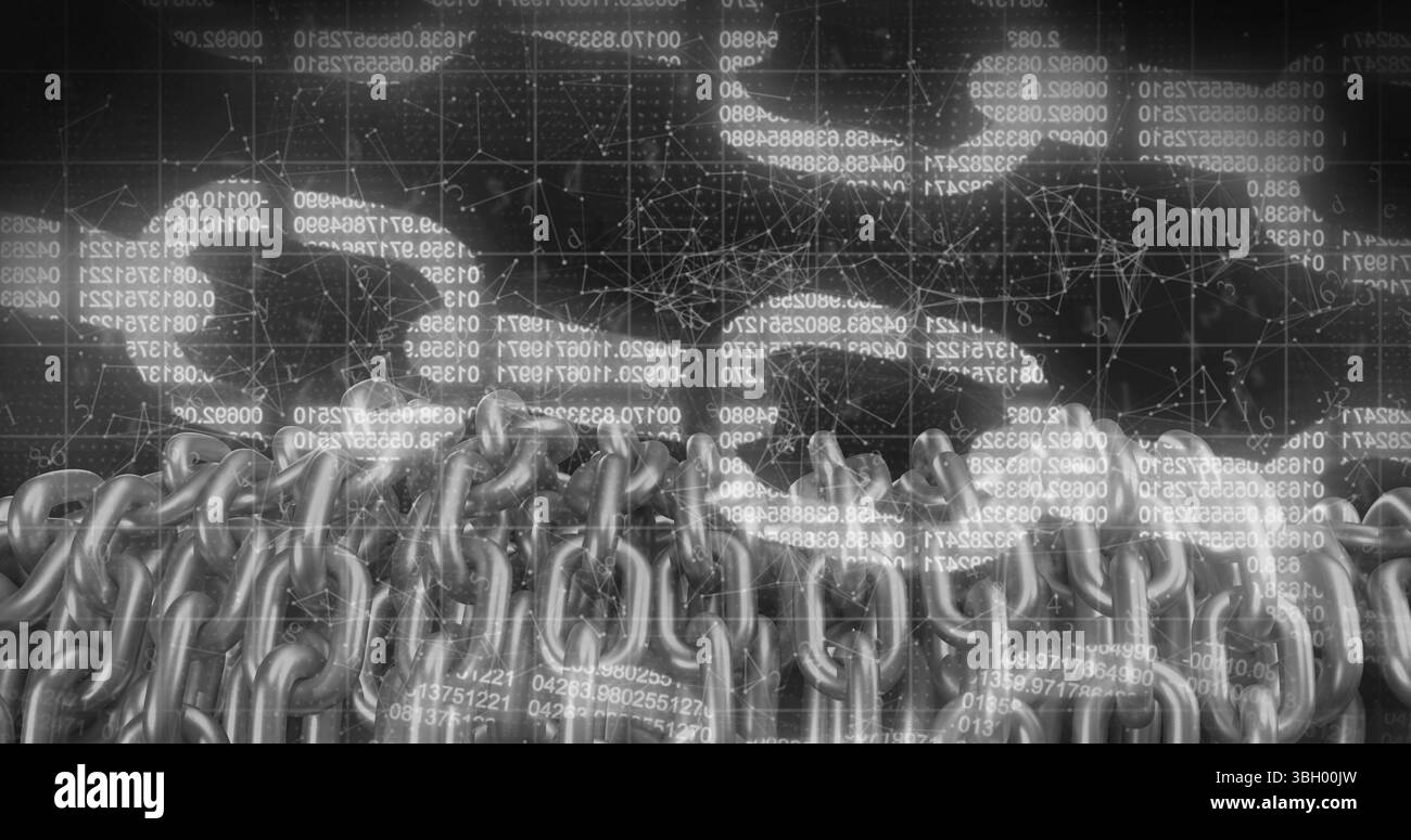 Image of digital block chains, connections with data processing and binary coding Stock Photo
