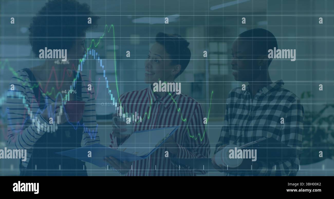 Image of graph data moving over multiracial colleagues discussing while having coffee in office Stock Photo