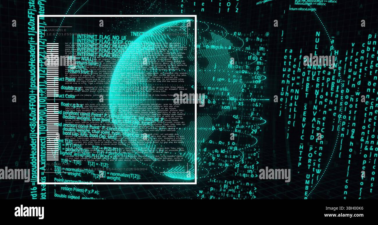 Image of digital globe rotating with moving computer programming language Stock Photo