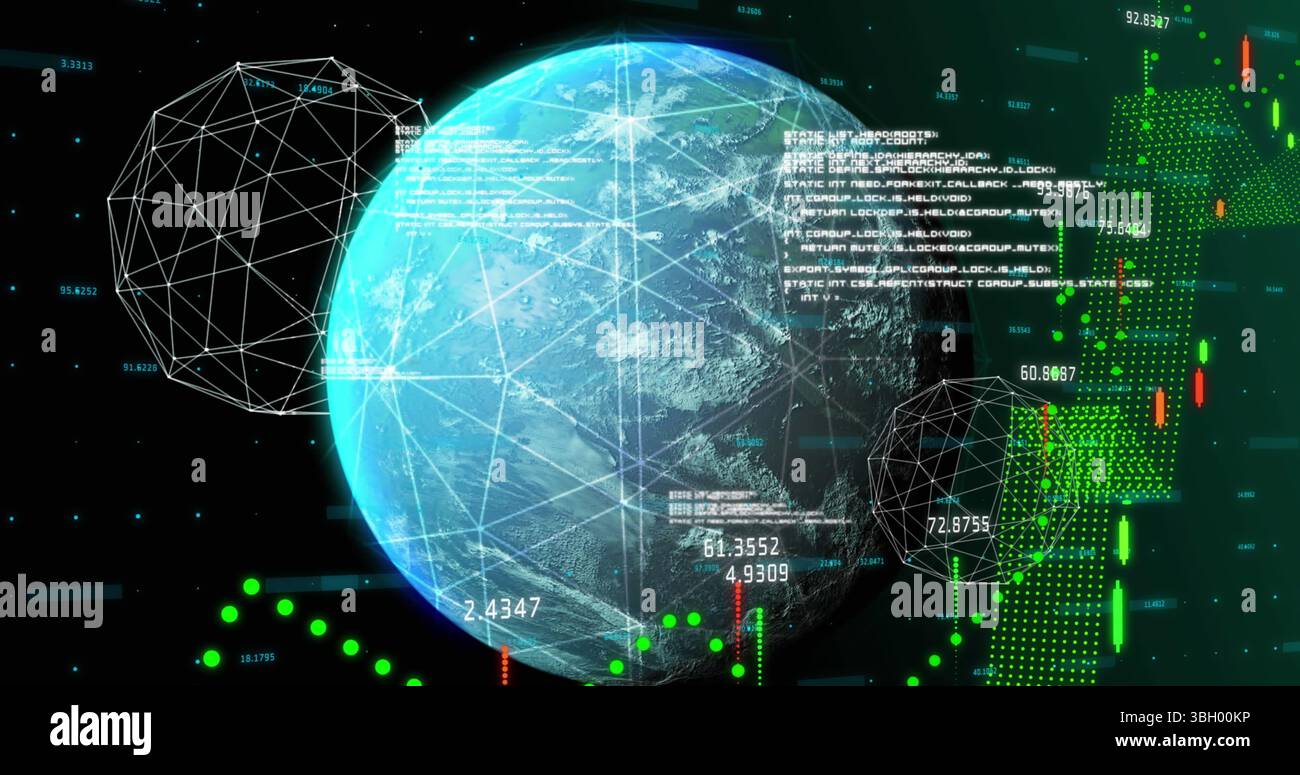 Image of data, graphs and globe on black background Stock Photo