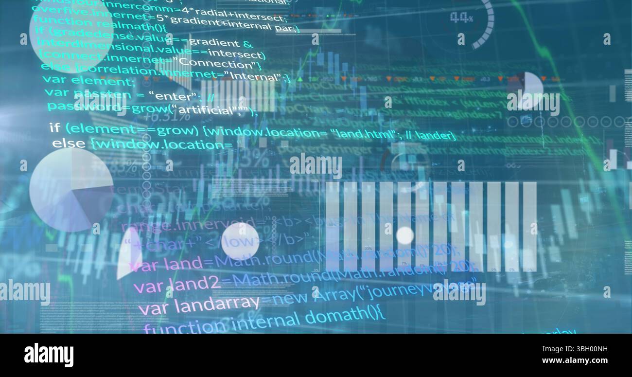 Image of graphs, data and data processing on blue background Stock Photo
