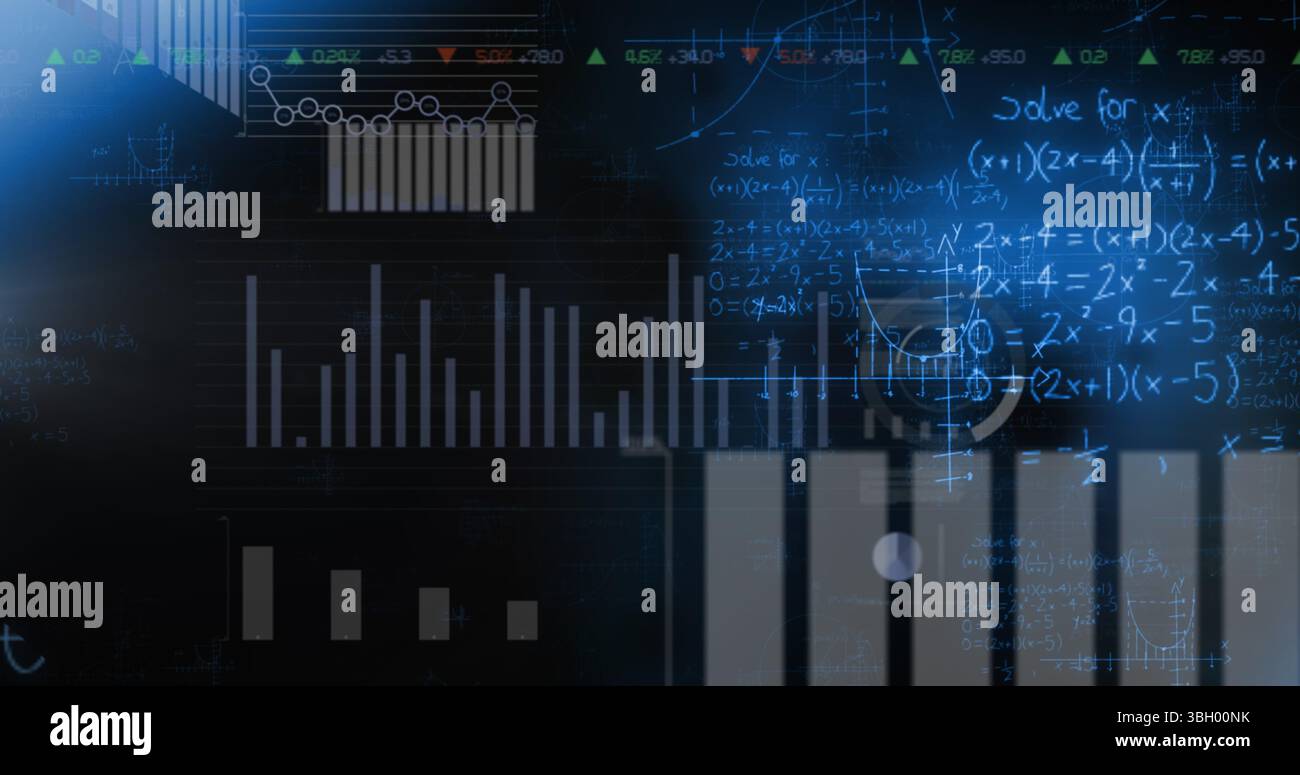 Image of digital multiple graphs, chart, data moving with mathematical formulas Stock Photo