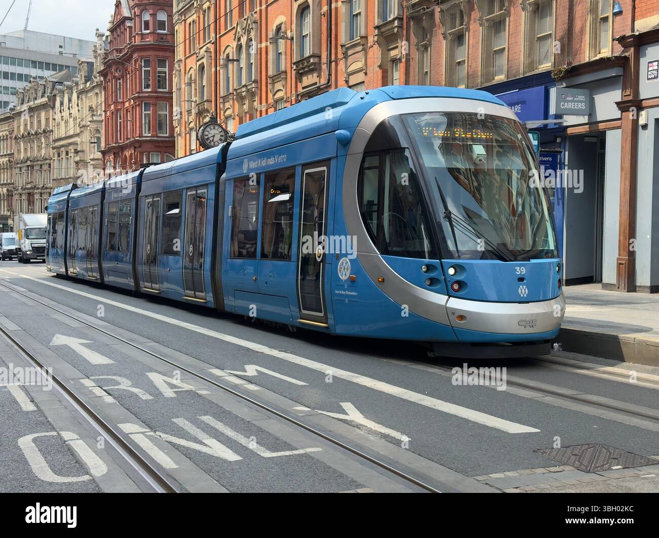 West Midlands Metro Tram number 39 at the Corporation Street tram stop with a service from Edgbaston Village to Wolverhampton Station. 4 June 2025 - Smartphone Captured Stock Image