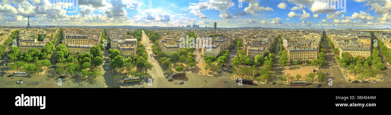 Paris 360 degrees skyline panorama from top of Arc de Triomphe on Champs Elysees street.Tour Eiffel tower, Basilica of the Sacred Heart and Tour Montp Stock Photo